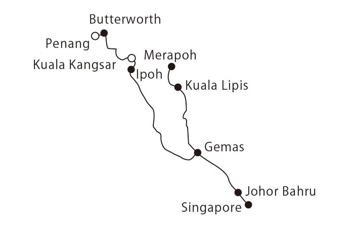 【3泊4日のルート】Singapore > Johor Bahru > Gemas > Kuala Lipis > Merapoh > Ipoh > Kuala Kangsar > Penang > Butterworth > Singapore　※路線図の○は通過駅。