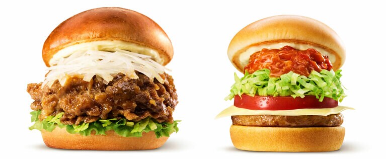 左「黒毛和牛の肉盛りバーガー」（890円）。右「モスタコスバーガー」（550円）。