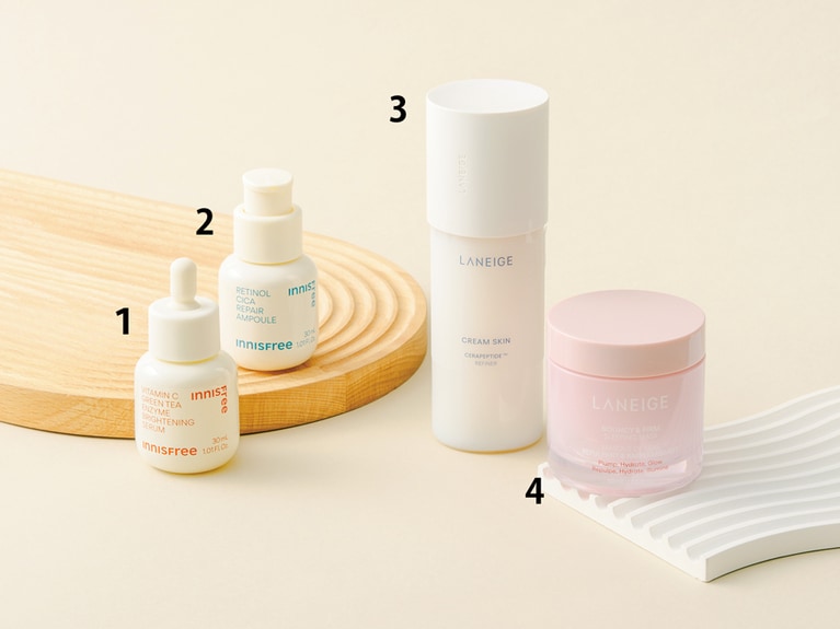 あのINNISFREEも実は、2014年に一度日本を撤退。しかし諦めず2018年に再上陸。22年には同じアモーレパシフィック傘下のラネージュも上陸。アモーレパシフィックは今や6ブランドを擁するまでに。 
1：ビタC グリーンティーエンザイム ブライト セラム 30mL 3,960円／INNISFREE 
2：レチノール シカ リペア セラム 30mL 3,960円／INNISFREE 
3：クリームスキン ローション 170mL 3,630円／LANEIGE 
4：バウンシースリーピングマスク 60mL 3,960円／LANEIGE