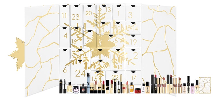 YSL アドベントカレンダー 66,000円。セット内容：メイクアップ、スキンケア、フレグランスなどのミニサイズ24点。予約開始：10月25日（水）、発売日：11月8日（水）※公式オンラインブティック、表参道フラッグシップ ブティック限定。