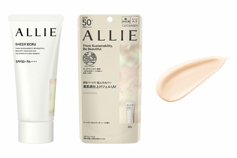 リニューアル前にはなかった新色は、高輝度多色パールが色ムラをカバーし、立体感も自然に演出してくれるニュアンスアイボリー。同じく水、汗、こすれに対しても強く落ちにくい処方。香りはアールグレイ＆コリアンダーシードの香り。アリィー　クロノビューティ　トーンアップＵＶ　０３　ＳＨＥＥＲ ＥＣＲＵ SPF50+・PA++++