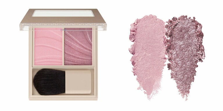 右のモーヴカラーはブルーパール入りで、暑苦しくなくメイク感は高まるRO-3 ローズモーヴ。