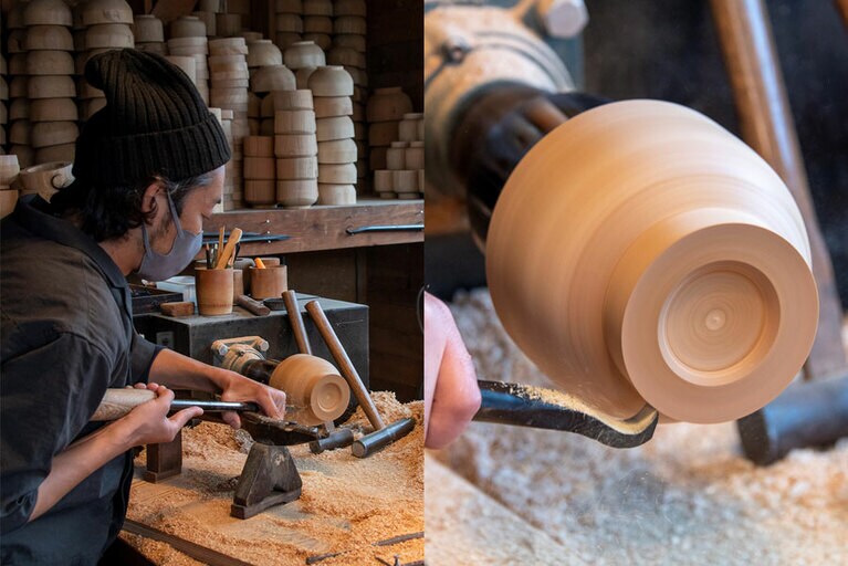 以前はフランスパン職人だったという酒井義夫さん。ひとつひとつ丹念に木を削りだしていきます。