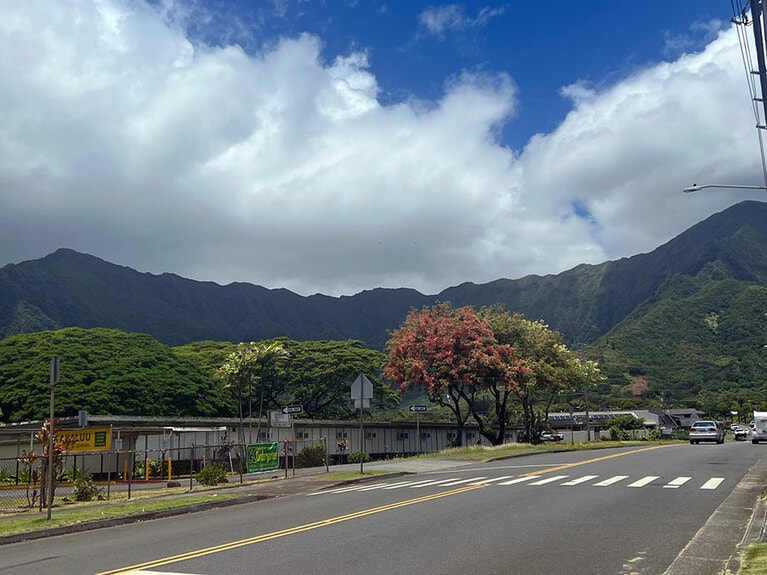 風雨に浸食され、アコーディオンのように削られたコオラウ山脈。
