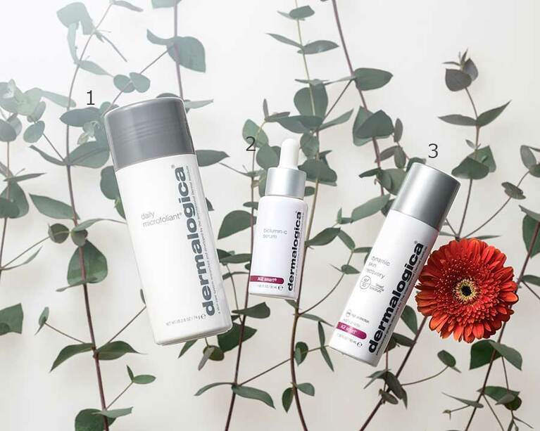 【dermalogica】1. デイリーマイクロフォリエント 74g 8,200円。2. バイオルミンCセラム 30mL 12,000円。3. ダイナミックスキンR SPF50 50mL SPF50・PA++++ 10,100円。