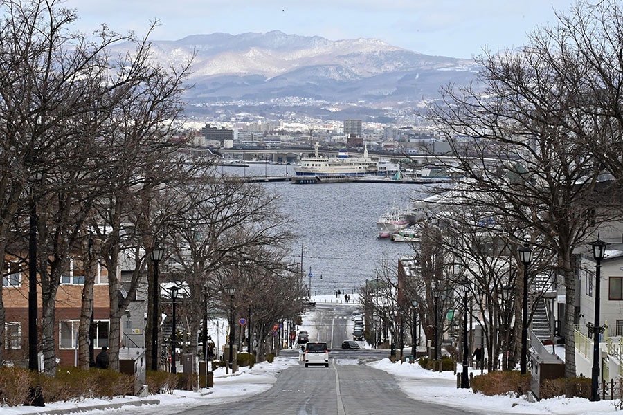 八幡坂から見下ろした函館港。坂道が多い街です。