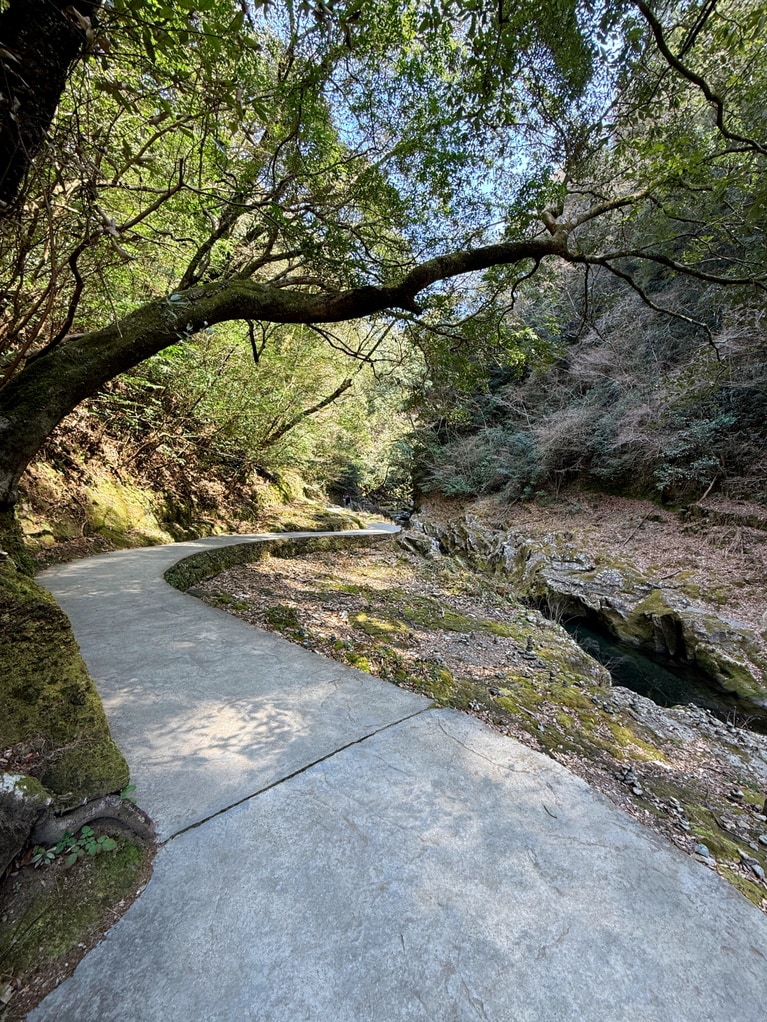 天安河原に続く小径。岩戸川に沿って徒歩10分ほどだ。