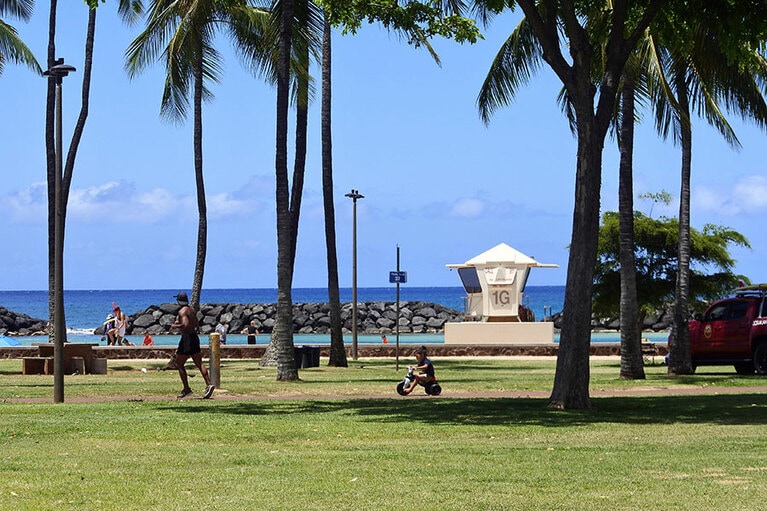 芝生エリアで見かけた、ランニングをするお父さんを、子供が三輪車で懸命に追いかける光景。