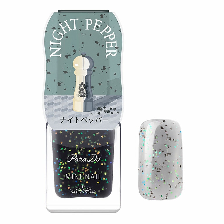 BK02 ナイトペッパー。シアーなブラックの中にグリーンラメがまたたく。他の色に重ねても楽しめるトッピングカラー。