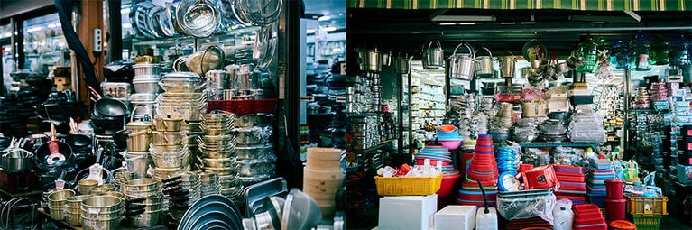 台所道具も多く、チョンゴル（鍋料理）鍋は深さや直径違いの多様なサイズを手に入れられる。