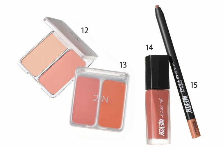 12～13：デュアル チーク(左から)COCO CORAL、HOT LIVING CORAL  14：ザ ファスト ジェルアイライナー G5「プチプラなのもうれしい」(千国)  15：ブラーフィットティント BT5「韓国感満載な色と質感」(George)