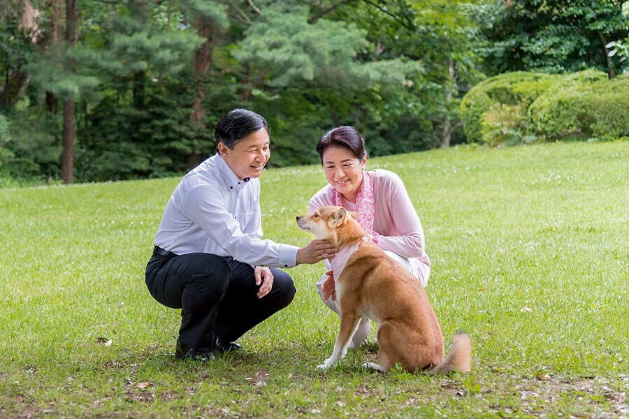 18年6月、ご結婚25周年。愛犬の由莉を連れて東宮御所の庭で。写真：宮内庁提供