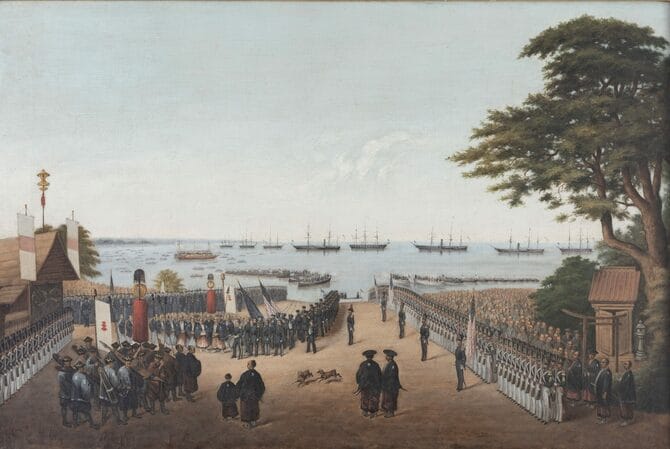 ペーター・ベルンハルト・ヴィルヘルム・ハイネ(伝)《ペルリ提督横浜上陸の図》1854年以降 油彩、カンヴァス 53.3 × 80.5cm 横浜美術館蔵(原範行氏・原會津子氏寄贈)