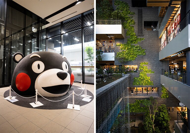 左：九州新幹線で熊本駅に到着すると、巨大なくまモンがお出迎え。
右：吹き抜け立体庭園「ぼうけんの杜」も話題のアミュプラザくまもと。