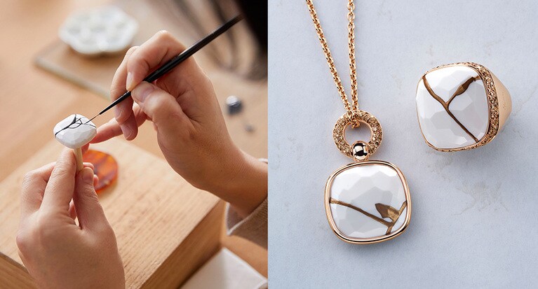 金継ぎの工程＝まず精製された漆を接着剤として割れた面を継ぐため、迅速かつ正確に塗布。数週間かけて固まる間に多くの部位を組み立て直す。