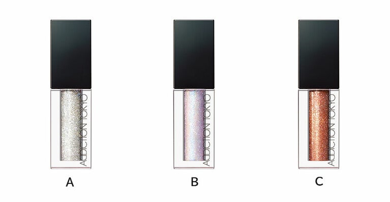 A：［101 PLATINUM MINE］全色の中でひときわ輝きを放つプラチナシルバー。より一層のツヤめきをプラス。 B：［102 NIGHT IN NEW YORK］ブルーとピンクのグラデーションで、肌なじみの良いペールラベンダーに。 C：［103 VANITY WINK］シルバーのラメが、ブラウンベースのポイントに。 ADDICTION THE LIQUID EYESHADOW ULTRA SPARKLE 各2,500円(すべて限定色)／アディクション ビューティ