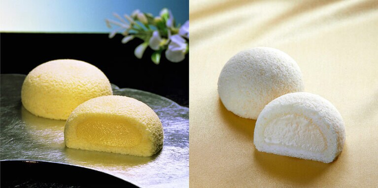 左の「萩の月」が満月なら、右の「萩の調 煌」は新月か。「萩の調 煌」6個と「萩の月」3個のセットは2,160円(税込)で期間限発売／KASHO SANZEN