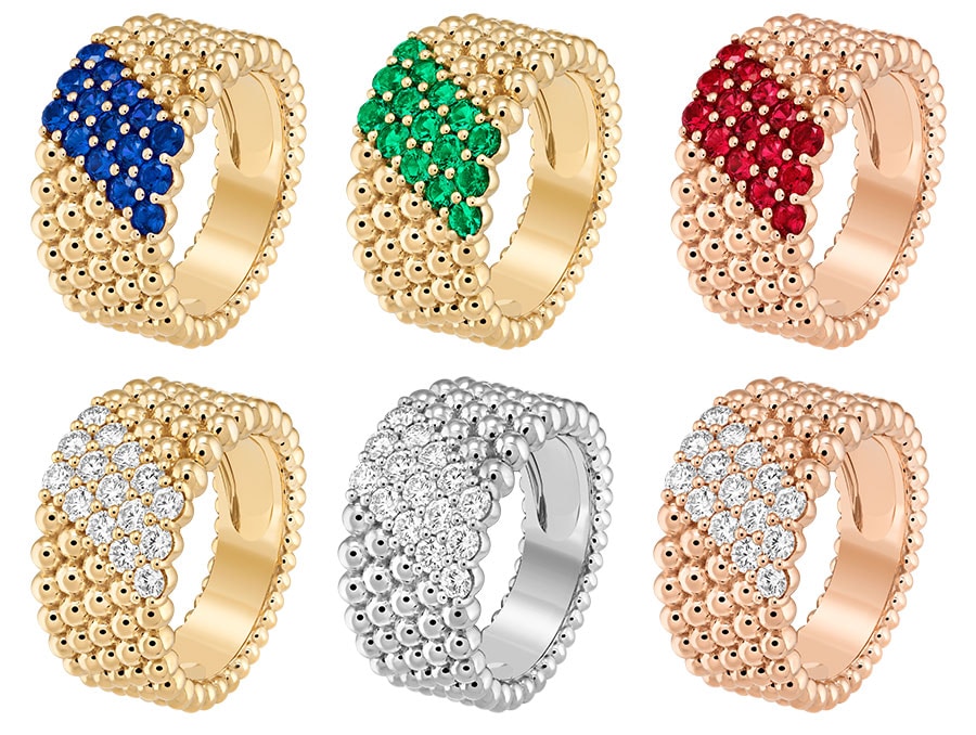 ペルレ ダイヤモンド リング 5連モデル 左上から：(イエローゴールド、サファイア)、(イエローゴールド、エメラルド)、(ローズゴールド、ルビー)、左下から：(イエローゴールド、ダイヤモンド)、(ホワイトゴールド、ダイヤモンド)、(ローズゴールド、ダイヤモンド)。