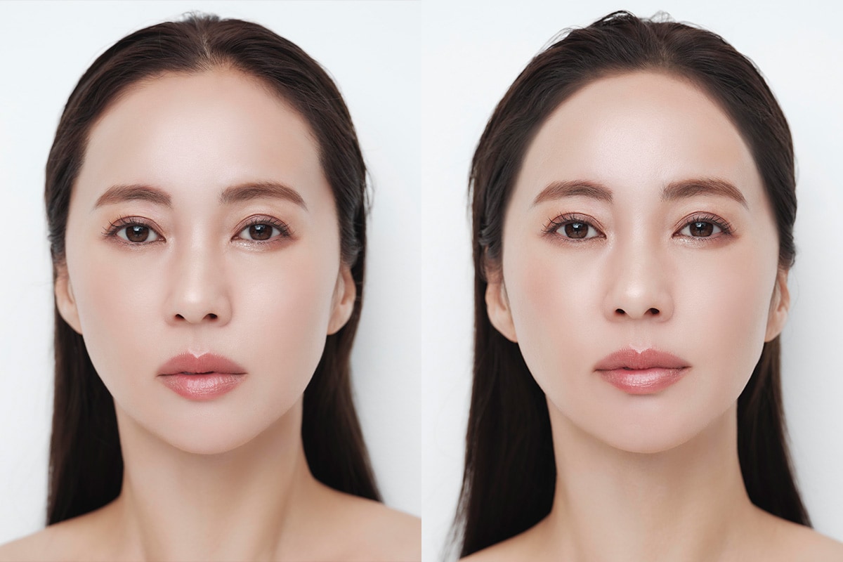 パフで軽くパウダーを重ねるだけで、おでこのうぶ毛が多い部分がカバーされ、ラインも修正され、引きで見た時に引き締まった印象に。左が塗る前、右が塗った後。