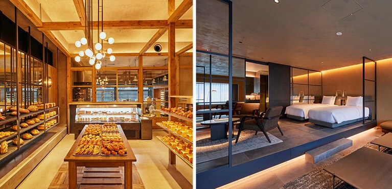 〈左〉地元の人からも愛されるようにと、ホテル１階にはベーカリーが。〈右〉小松音響研究所の真空管アンプなどを備えた「ジュニアスイート」。