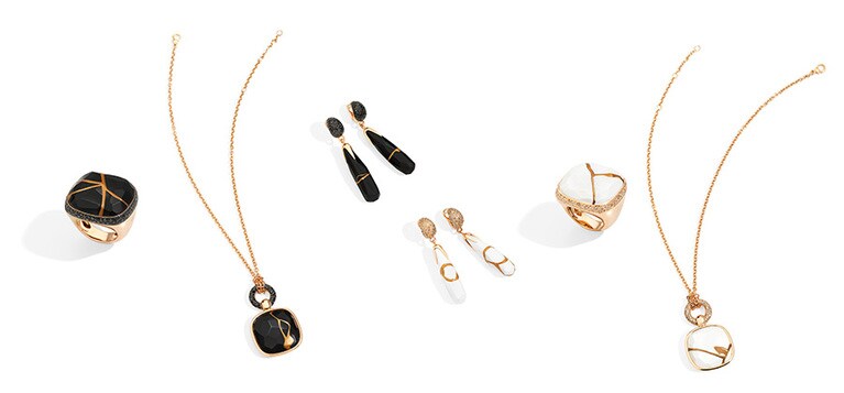 ポメラート「金継ぎ」コレクション  左から：リング(フェアマインドRG×ブラックDIA×ジェット)1,700,000円  ペンダントトップ(フェアマインドRG×ブラックDIA×ジェット)1,100,000円  イヤリング(フェアマインドRG×ブラックDIA×ジェット)2,000,000円  イヤリング(フェアマインドRG×DIA×カショロン)2,000,000円  リング(フェアマインドRG×DIA×カショロン)1,700,000円  ペンダントトップ(フェアマインドRG×DIA×カショロン)1,100,000円