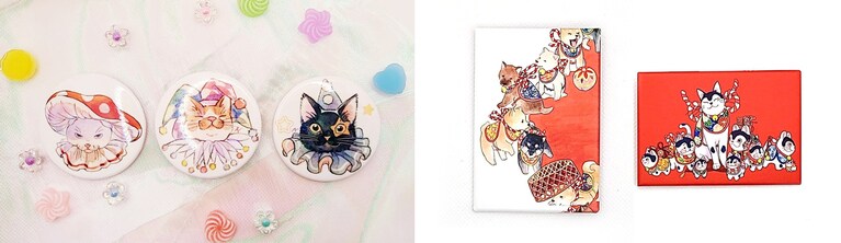 八咫烏シリーズの公式グッズ以外に名司生さんの缶バッチやポストカードも数量限定で販売します。