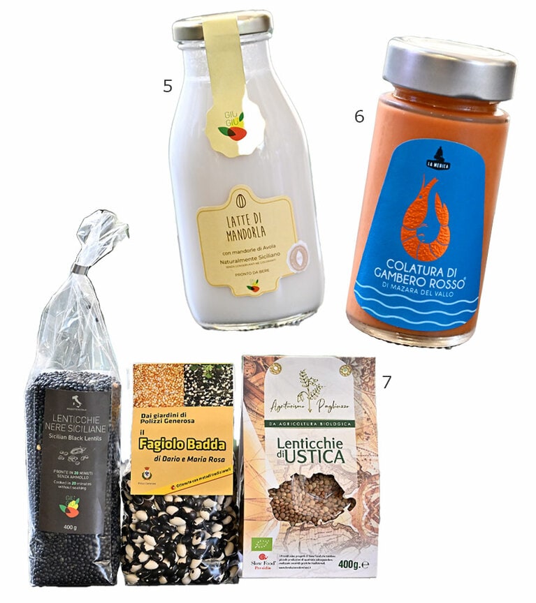 5：“Giù Giù”のアヴォラ産冷搾りアーモンドミルク 250mL 3.49ユーロ。
6：シチリア西岸マザラ・デル・ヴァッロの「Lalaina」が作る、赤海老コラトゥーラ 100mL 14.90ユーロ。
7：黒レンズ豆 3.59ユーロ、ウスティカ産レンズ豆８.99ユーロ、マドニエ山のバッダ豆 9.59ユーロ（各400g）。