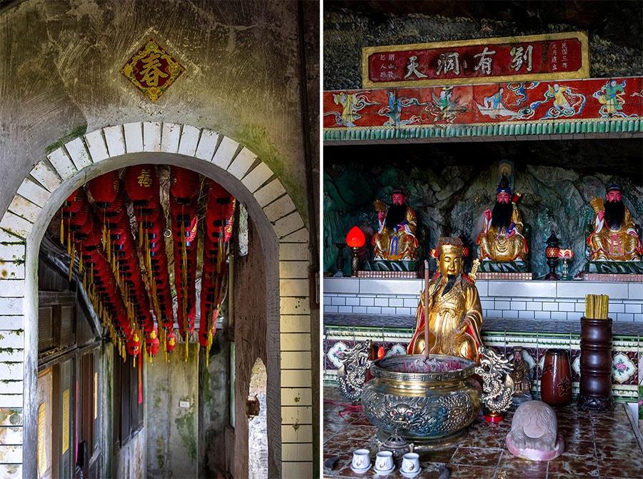 左：100年ほど前に建てられた祠はどこか愛らしい。小さなお供え物をする人も。
右：「純陽宮」に祀られている仙人・呂洞賓。