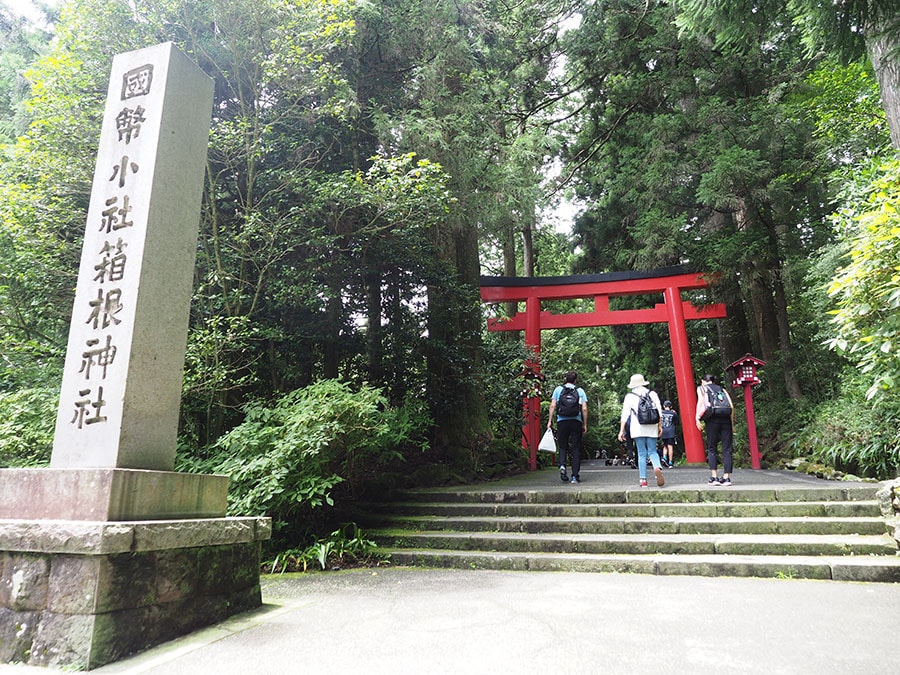 湖と深い森が共存する、箱根神社。写真は第三鳥居。