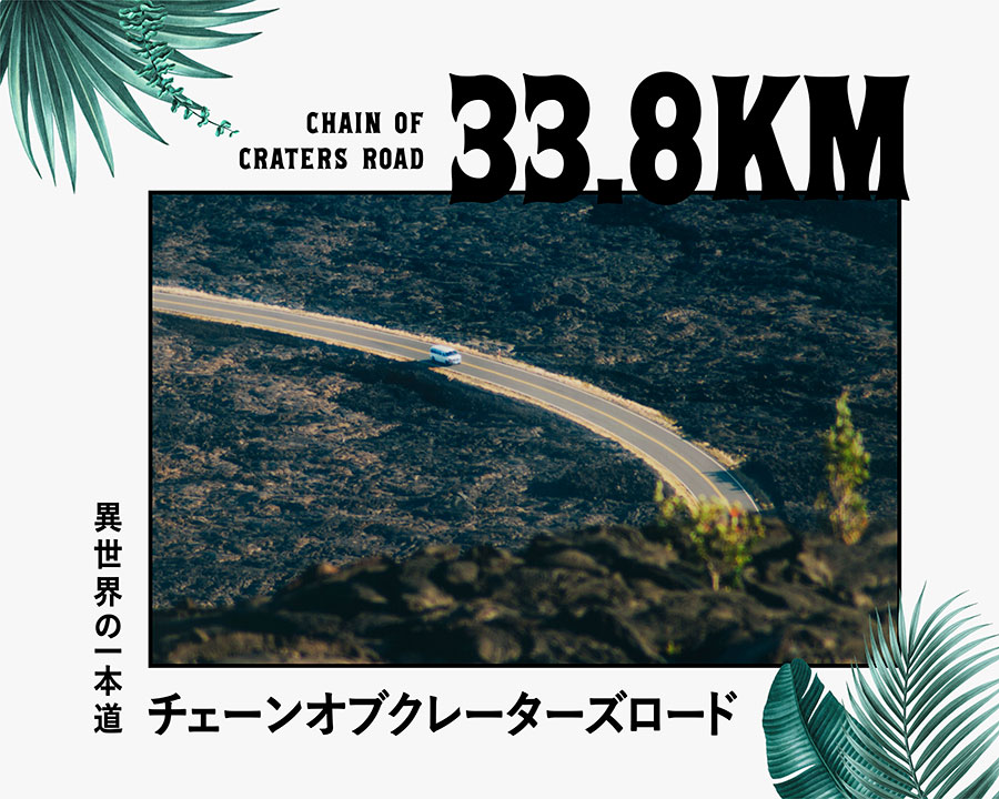 数字で見つけるハワイの魅力　チェーンオブクレーターズロード　33.8キロ(ハワイ州観光局)。