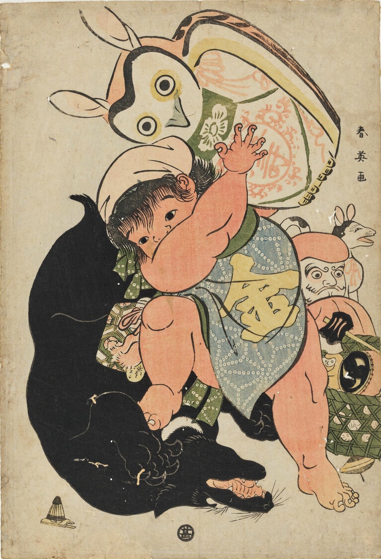 勝川春英《金太郎》18世紀末-19世紀初期頃、東京国立博物館蔵　当時流行した疱瘡（天然痘）除けの絵。強い生命力を持つ麻の葉の柄の腹掛けをした金太郎が持ち上げているのは、おもちゃのミミズク。ミミズクや達磨には疱瘡除けのご利益があるとされた。