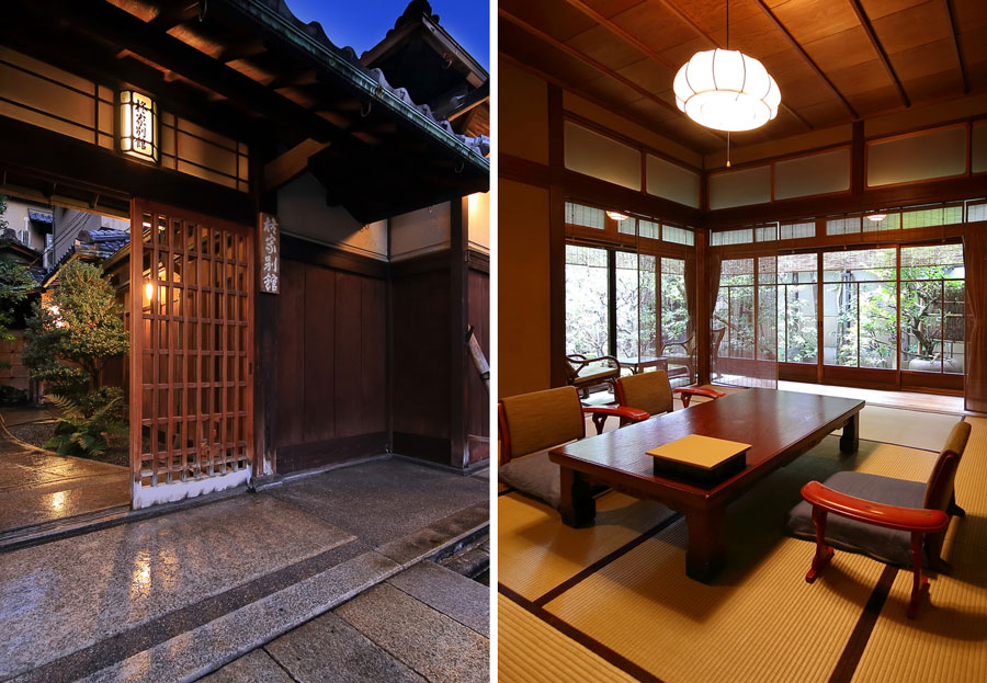 左：京ならではの風情を醸す柊家別館の建物。 
右：心静かに古都滞在を満喫できる客室。