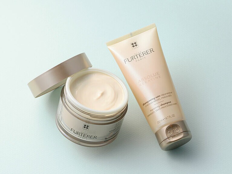 左から：ルネ フルトレール アプソリュケラティーヌ マスク 200mL 6,800円、同シャンプー 200mL 3,200円／ピエール ファーブル デルモ・コスメティック ジャポン
