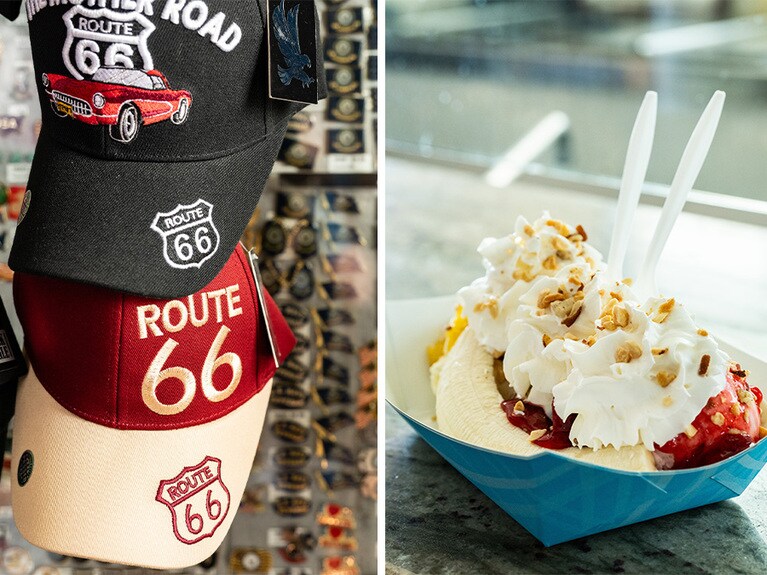 写真左：キャップのほか、Tシャツなども。写真右：アイスクリームショップで「ルート66 バナナ・スプリット」を発見。15.95ドル。