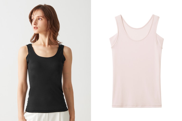 現在売り上げNo.1の、脇汗パッド付きのタンクトップ。定番の“ブラック”のほか、新色の“チュールピンク”も人気。【アセドロン】汗取り付きタンクトップ 全6色（WEB限定カラーあり） 各1,650～1,870円／グンゼ