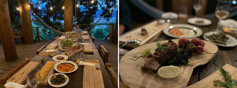 左)テーブルには旬の食材がずらり。右)畑や村で採れた野菜は、シンプルにローストしていただく。