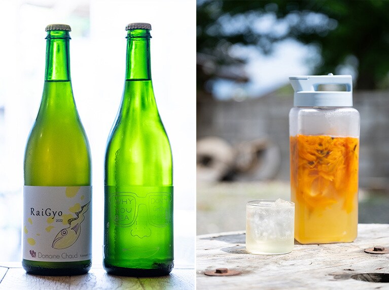 ドメーヌ・ショオの自然派ナチュラルワイン「RayGyo」3,500円と発泡ワイン「Why don't you go beach」2,700円。食用のトビシマカンゾウとレモンで作った自家製シロップをソーダ割で楽しめる「佐渡のお花のノンアル」600円。