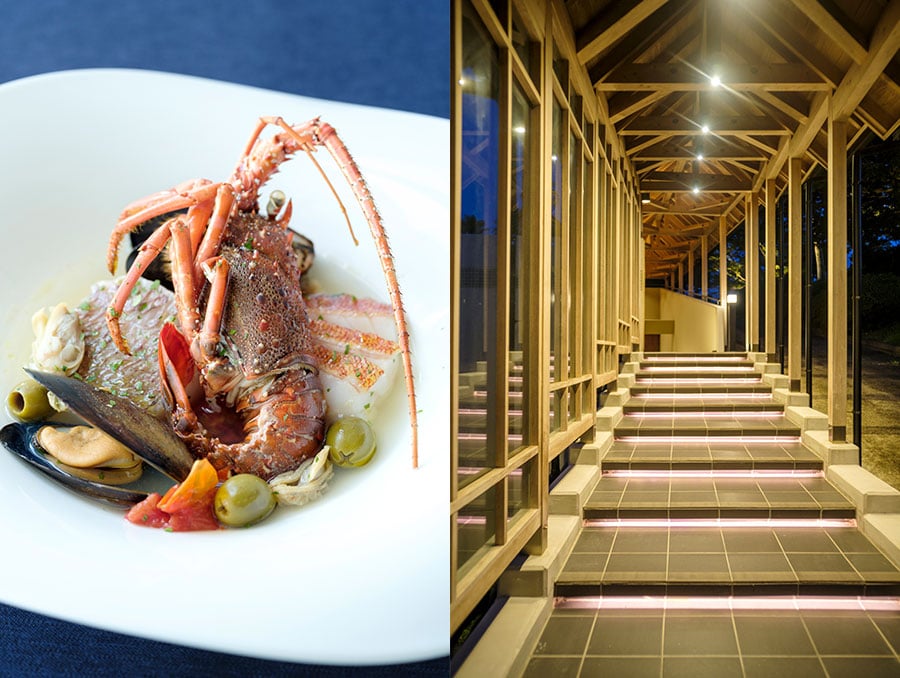 〈写真左〉ガーデンレストラン「ジョヴァンニ」の料理には、地元の新鮮魚介も。〈写真右〉落ち着いた風情を醸す和食レストラン「凪」のアプローチ。