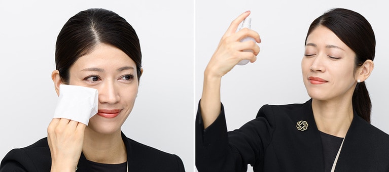肌表面に浮き出ている汗や皮脂をティッシュオフ。ミストは顔から15センチくらい離して。