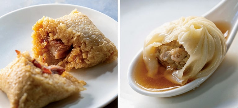 左：ちまき「湖州肉粽」80元、右：「小籠湯包」160元。