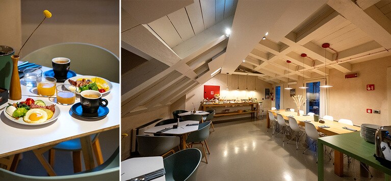 朝食はルーフトップテラスに繫がった部屋で。地元食材を使ったビュッフェやコンチネンタルブレックファストが楽しめる。