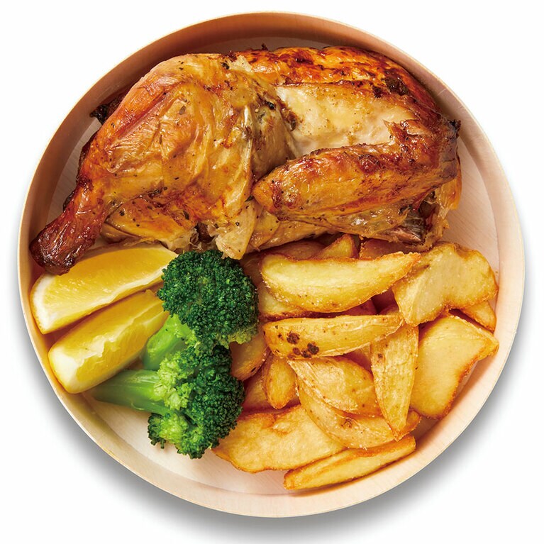 「平飼い鶏の自家製ロティサリーチキンBOX」890円 。※レストラン価格 990円