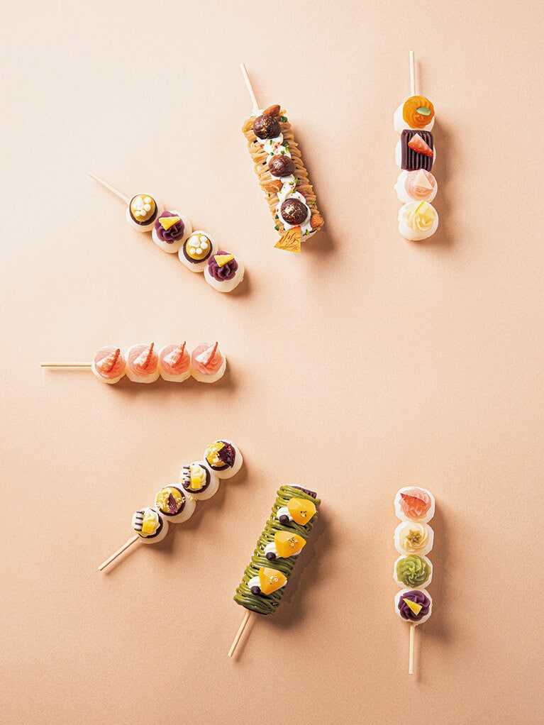 上から反時計回りに、かぼちゃ／こしあんいちご／もも／レモン味、和栗のモンブラン味、紫いも味、あまおういちご味、スイートポテトパイ味、抹茶栗モンブラン味、あまおういちご／みかん／ずんだ／紫いも味。