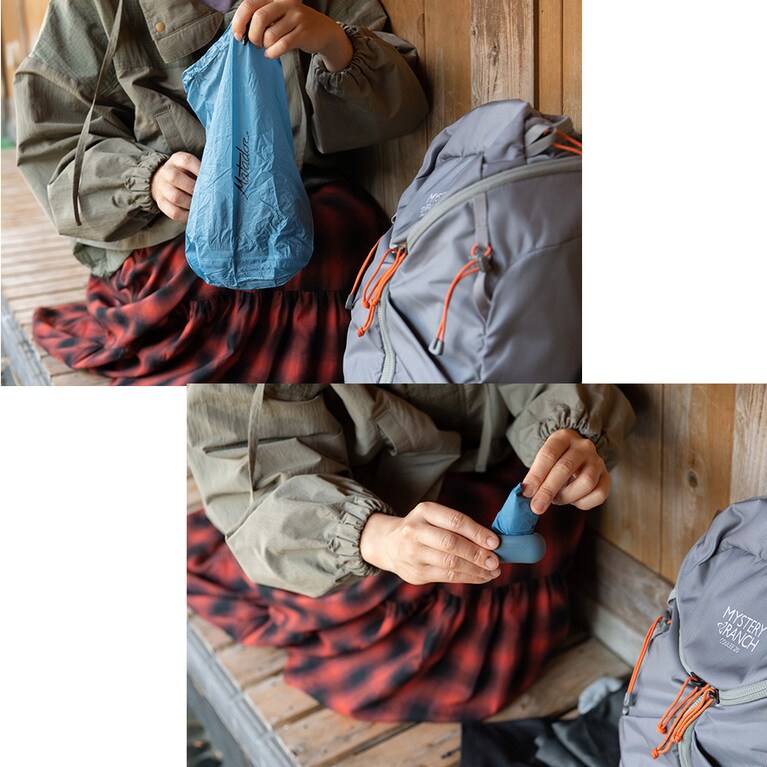 こんなに小さなシリコン製ケースにたっぷり2.5L収納できるサックが！　濡れたアイテムをしまいます。MTD ドロップレット WRスタッフサック。2,200円。