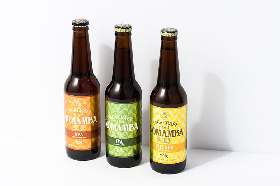 NOMAMBA BEER(のまんばビール) 各498円(330ml)。左から：アメリカンペールエール、インディアペールエール、ピルスナー。