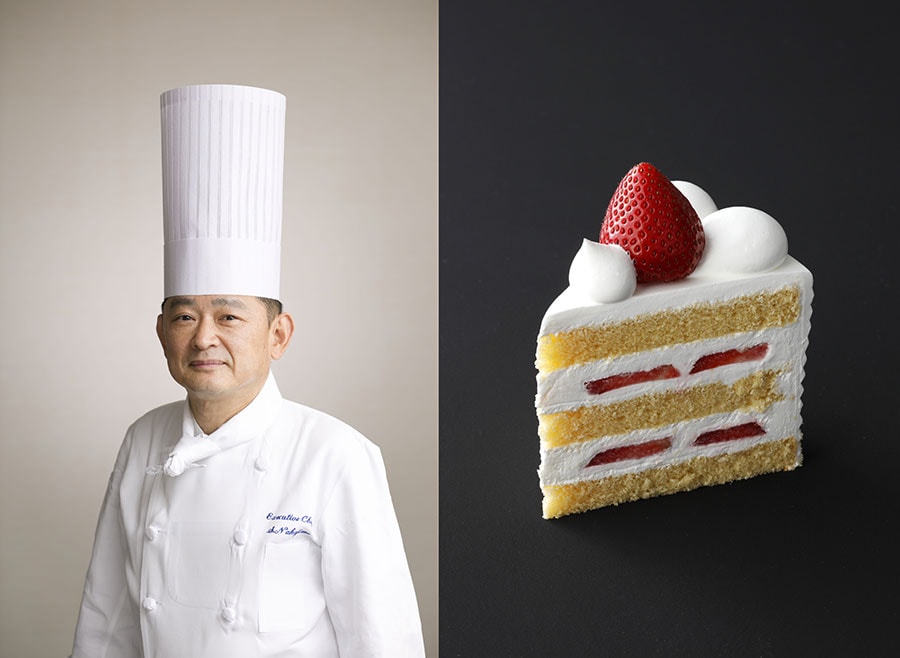 左：ホテルニューオータニ グランシェフ・中島眞介氏。右：2004年に誕⽣した元祖・高級ショートケーキの「スーパーあまおうショートケーキ」。