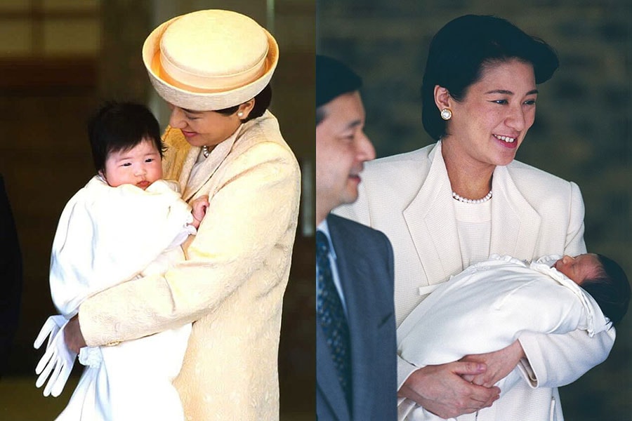 写真左：2002年、生後3カ月の愛子さまのお宮参りへ。©JMPA