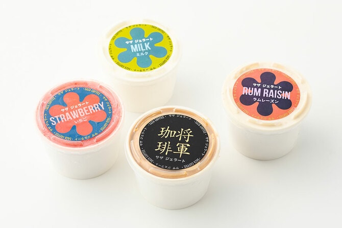 サザジェラート 各501円。左から時計回りに：いちご、ミルク、ラムレーズン、珈琲将軍／サザコーヒー