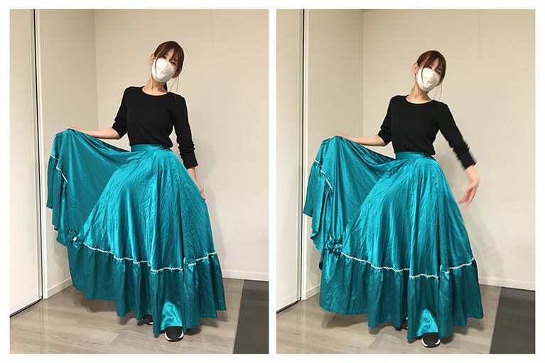 スカートは先生にお借りしました。あまりにも可愛くて、はくだけで気分が上がりました。