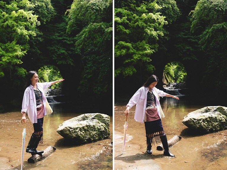 水田開発のため江戸時代に人工的に造られたという川廻しのトンネル「亀岩の洞窟」と、そこを流れる「濃溝の滝」は撮影映えするとSNSでも人気のスポット。ミリカのロング丈なら水辺でも豪雨でも安心だ。